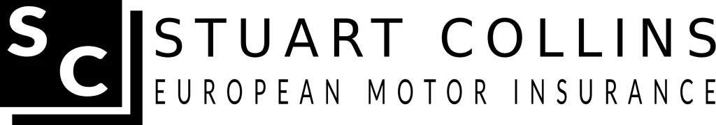 Stuart Collins Logo. A black box with the letters S and C in white, to the right of the box, in differing fonts, STUART COLLINS and EUROPEAN MOTOR INSURANCE. in black