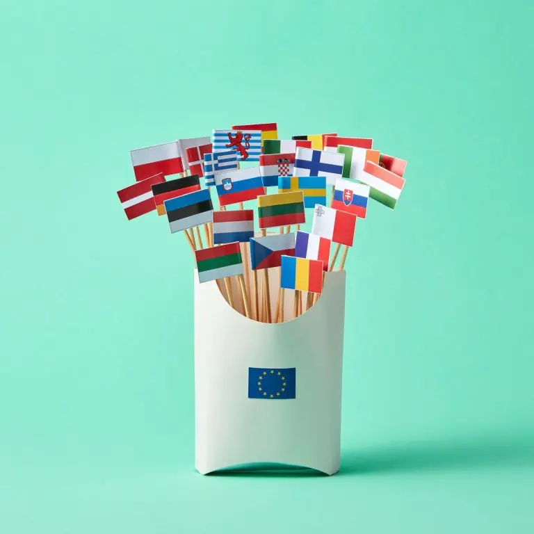 Set of different paper flags in cardboard box decorated with EU sign on green background with copy